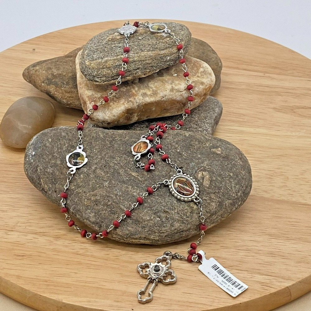 Catholic Rosary Red Beads Silver Tone Mary Guadalupe Magnifying Cross Necklace